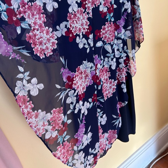 NWOT Floral Navy Dress with Sheer Floral Overlay, Cape Style & Perfect Details - Picture 7 of 12